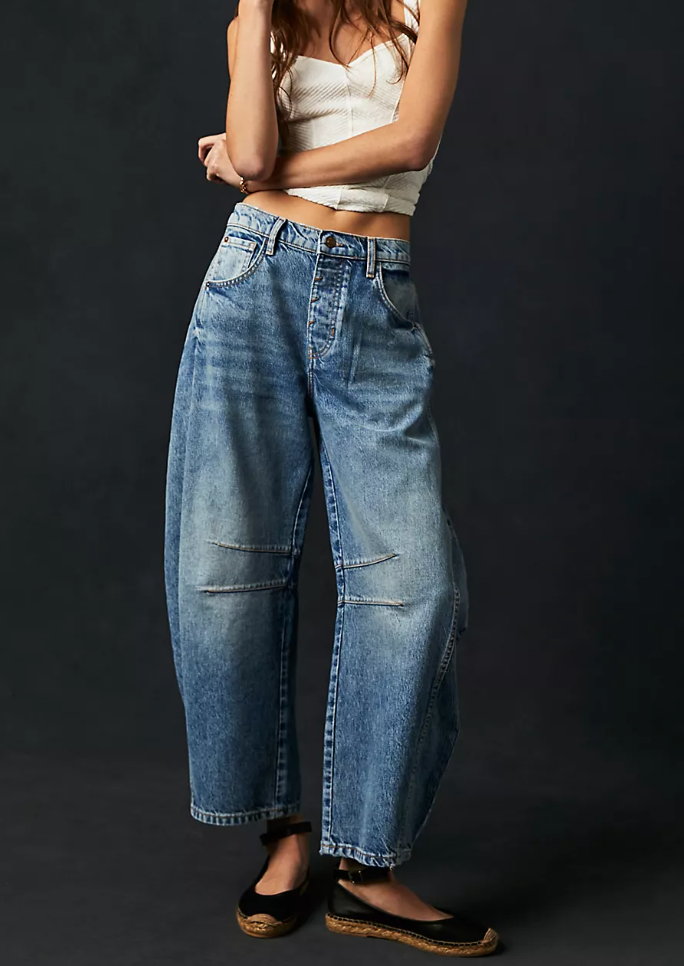 Free People Good Luck Mid-Rise Barrel Jeans in Ultra Light Beam