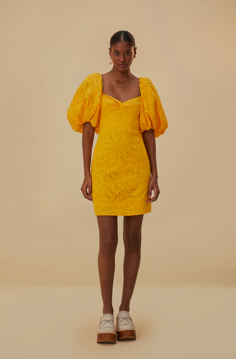 Farm Rio Monstera Eyelet Yellow S/S Mini Dress Farm Rio Monstera Eyelet Yellow S/S Mini Dress