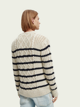 Load image into Gallery viewer, Scotch &amp; Soda Mens Speckled Cable Crewneck Pullover In Cream/Navy Stripe -  FINAL SALE