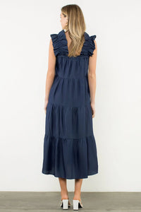 THML Flutter Sleeve Tiered Maxi Dress in Denim Blue