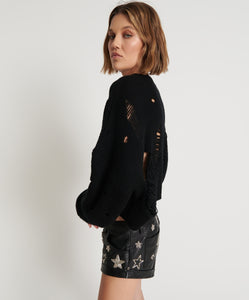 One Teaspoon Cropped Hercules Shredded Sweater in Black