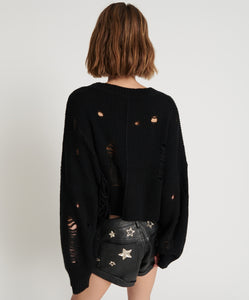 One Teaspoon Cropped Hercules Shredded Sweater in Black