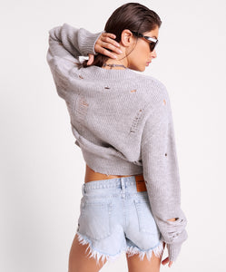 One Teaspoon Laddered V-Neck Distressed Sweater Gray Marle - FINAL SALE