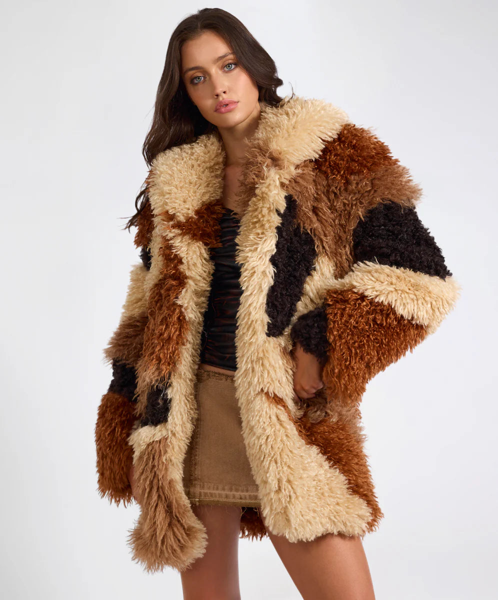 One Teaspoon Mongolian Longline Faux Fur Jacket in Tan