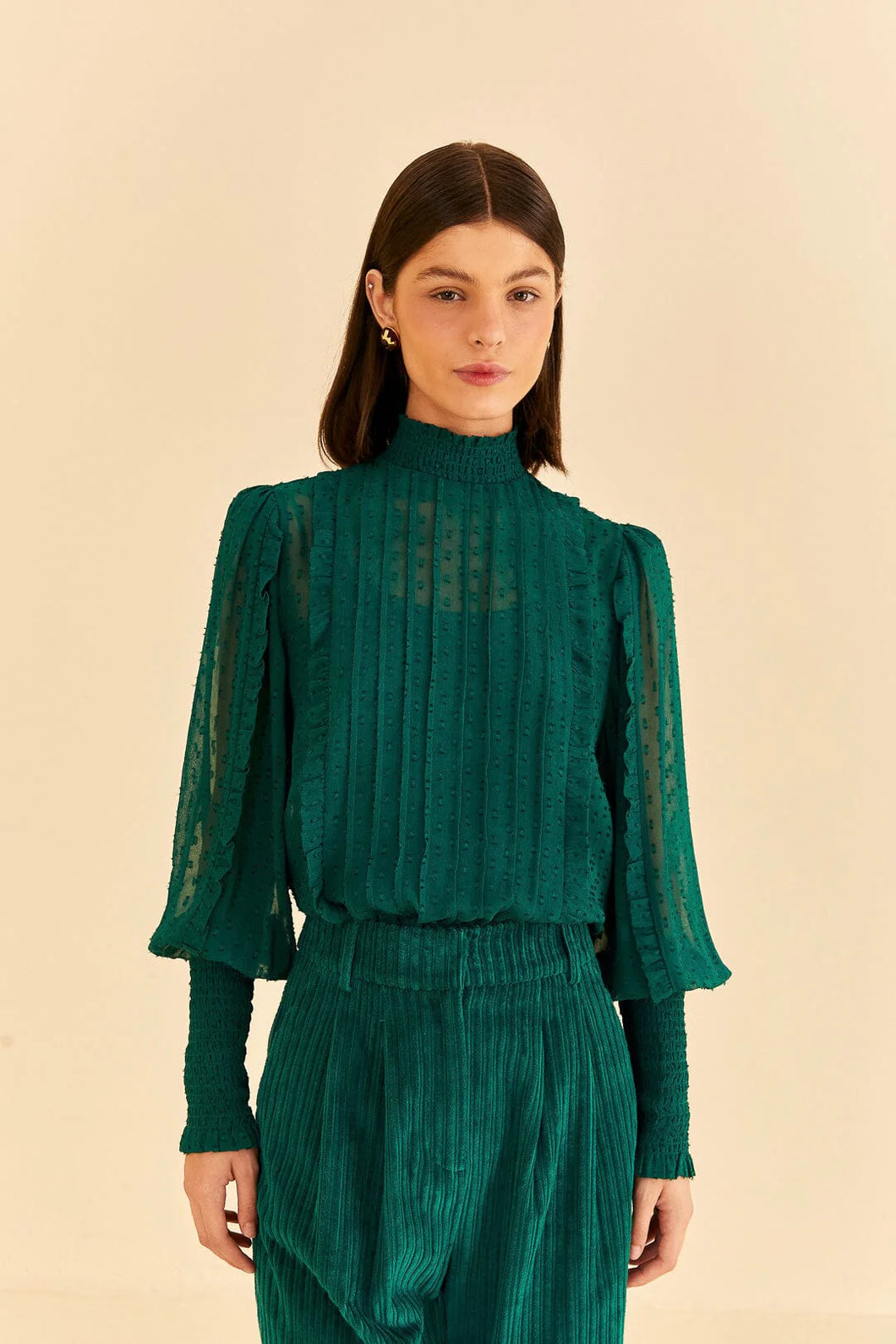 Farm Rio Emerald Ruffled Long Sleeve Blouse