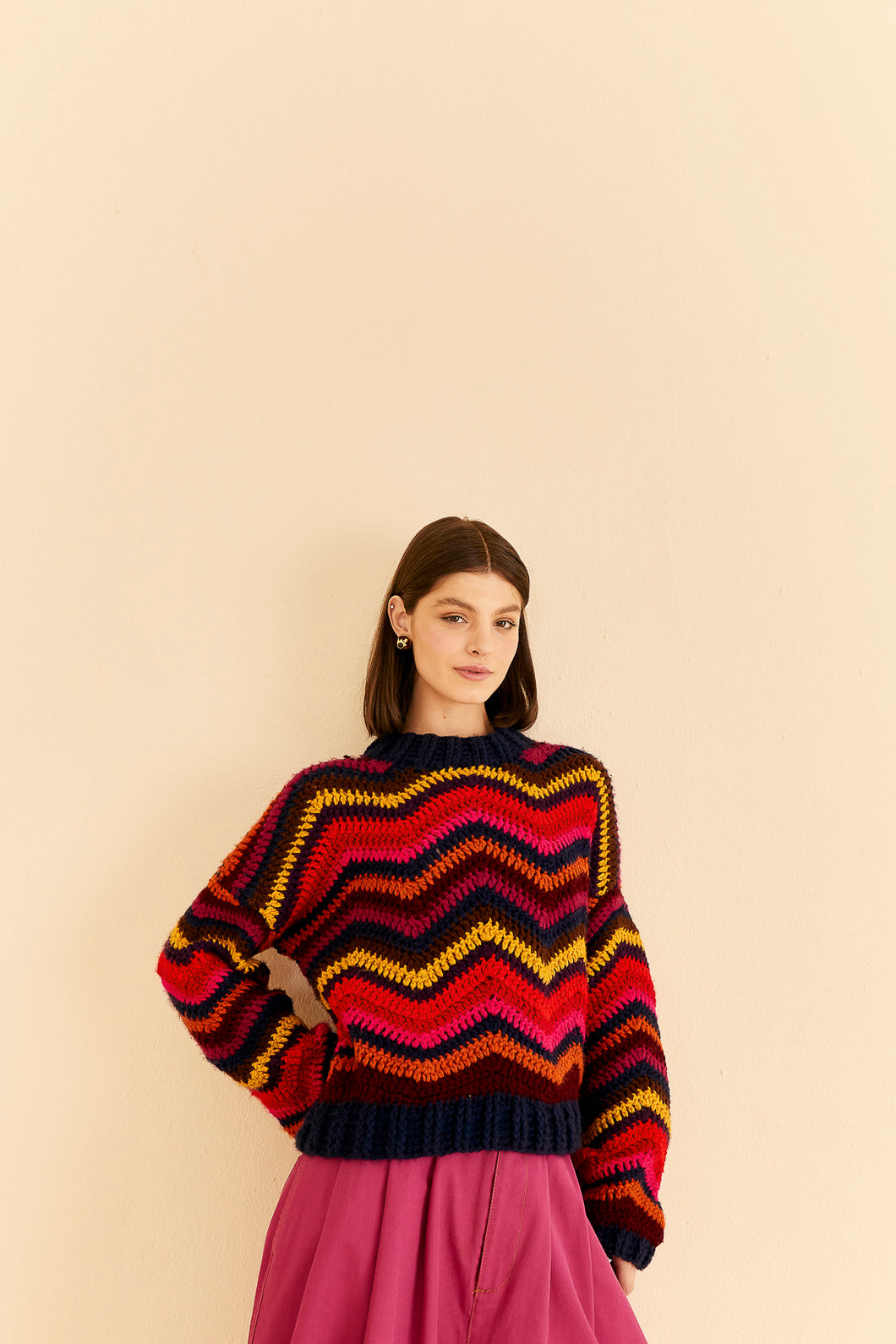 Farm Rio Colorful Waves Crochet High Neck Sweater