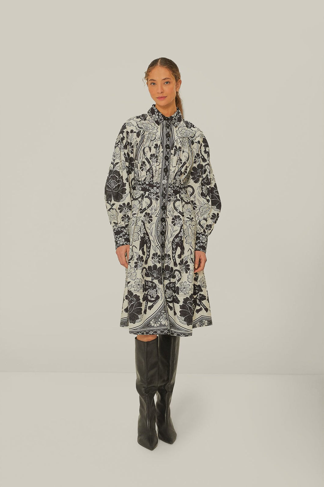 Farm Rio Off-White Flower Leopards Collared Midi Dress