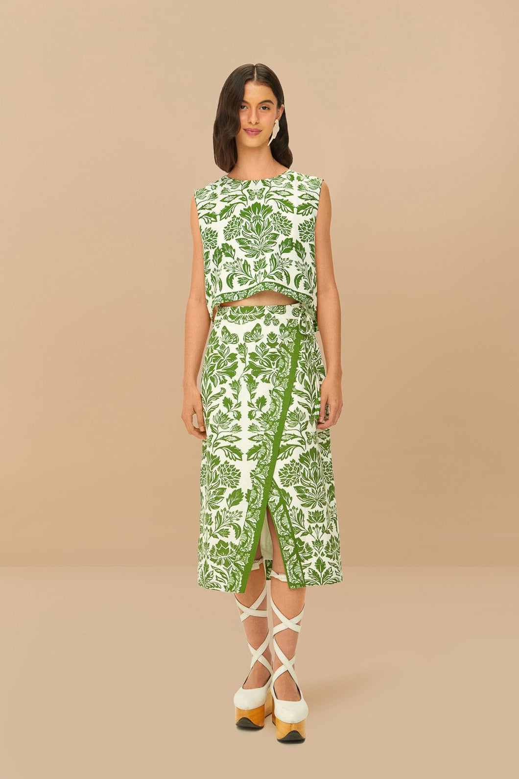 Farm Rio Green Delicate Tapestry Midi Skirt
