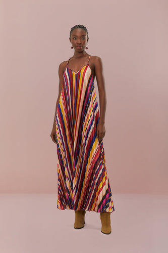 Farm Rio Multicolor Diagonal Stripes Pleated Stripes Midi Dress
