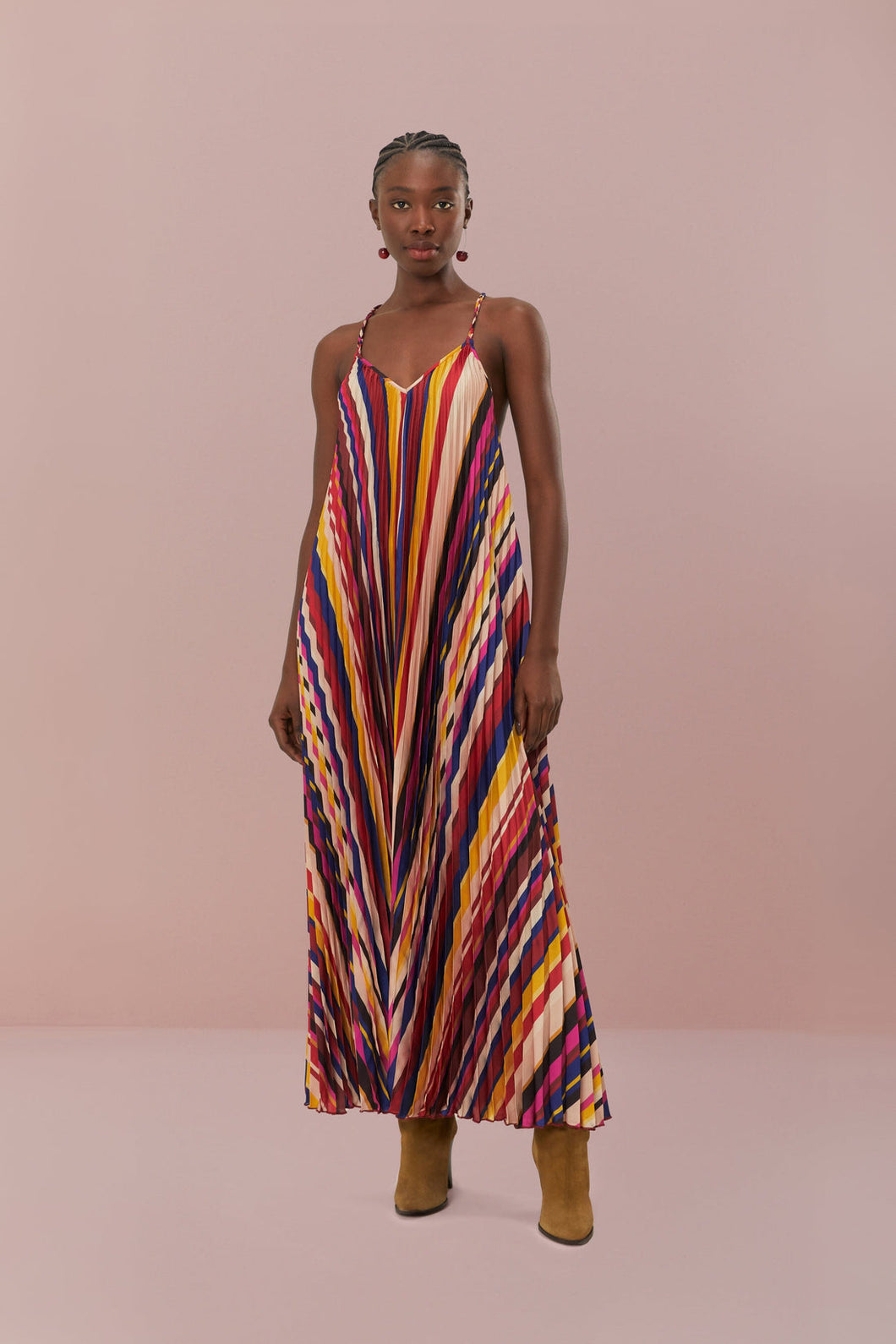 Farm Rio Multicolor Diagonal Stripes Pleated Stripes Midi Dress