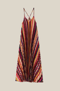 Farm Rio Multicolor Diagonal Stripes Pleated Stripes Midi Dress