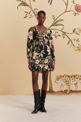 Farm Rio Black Surreal Flowers Long Sleeve Mini Dress