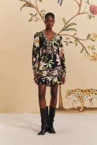 Farm Rio Black Surreal Flowers Long Sleeve Mini Dress