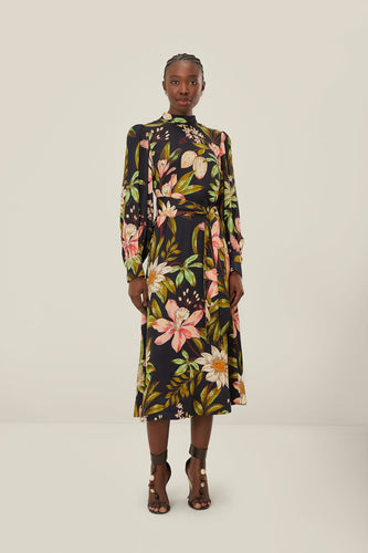 Farm Rio Black Surreal Flowers High Neck Midi Dress