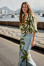 Load image into Gallery viewer, Farm Rio Green Spring Stripes Embroidered Euroflax Premium Linen Crop Top - FINAL SALE