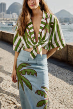 Load image into Gallery viewer, Farm Rio Green Spring Stripes Embroidered Euroflax Premium Linen Crop Top - FINAL SALE