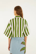 Load image into Gallery viewer, Farm Rio Green Spring Stripes Embroidered Euroflax Premium Linen Crop Top - FINAL SALE
