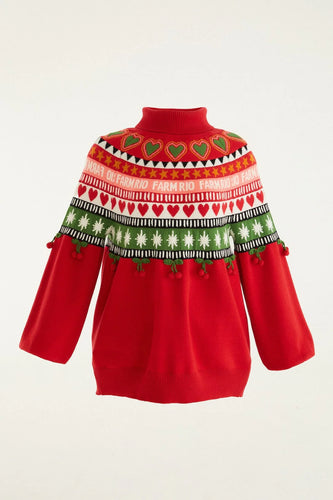 Farm Rio Red Christmas Hearts Knit Sweater