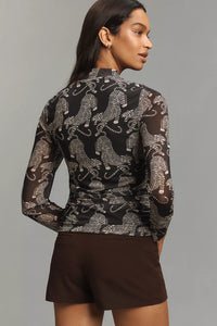 Farm Rio Striped Tiger Black Tulle Blouse