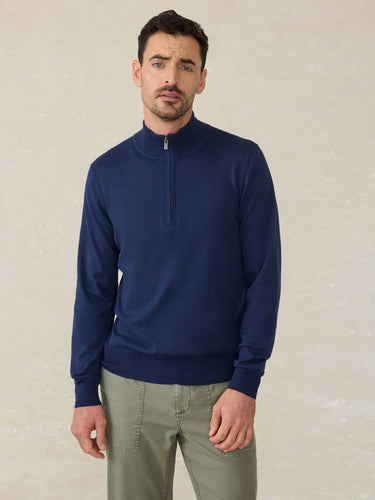 Faherty Mens Movement Quarter Zip Sweater in Marine Navy Heather
