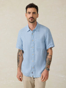 Faherty Mens SS Palma Linen Shirt in Blue Basketweave