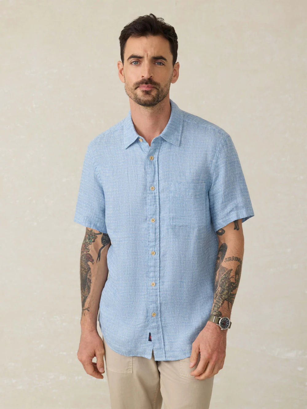 Faherty Mens SS Palma Linen Shirt in Blue Basketweave