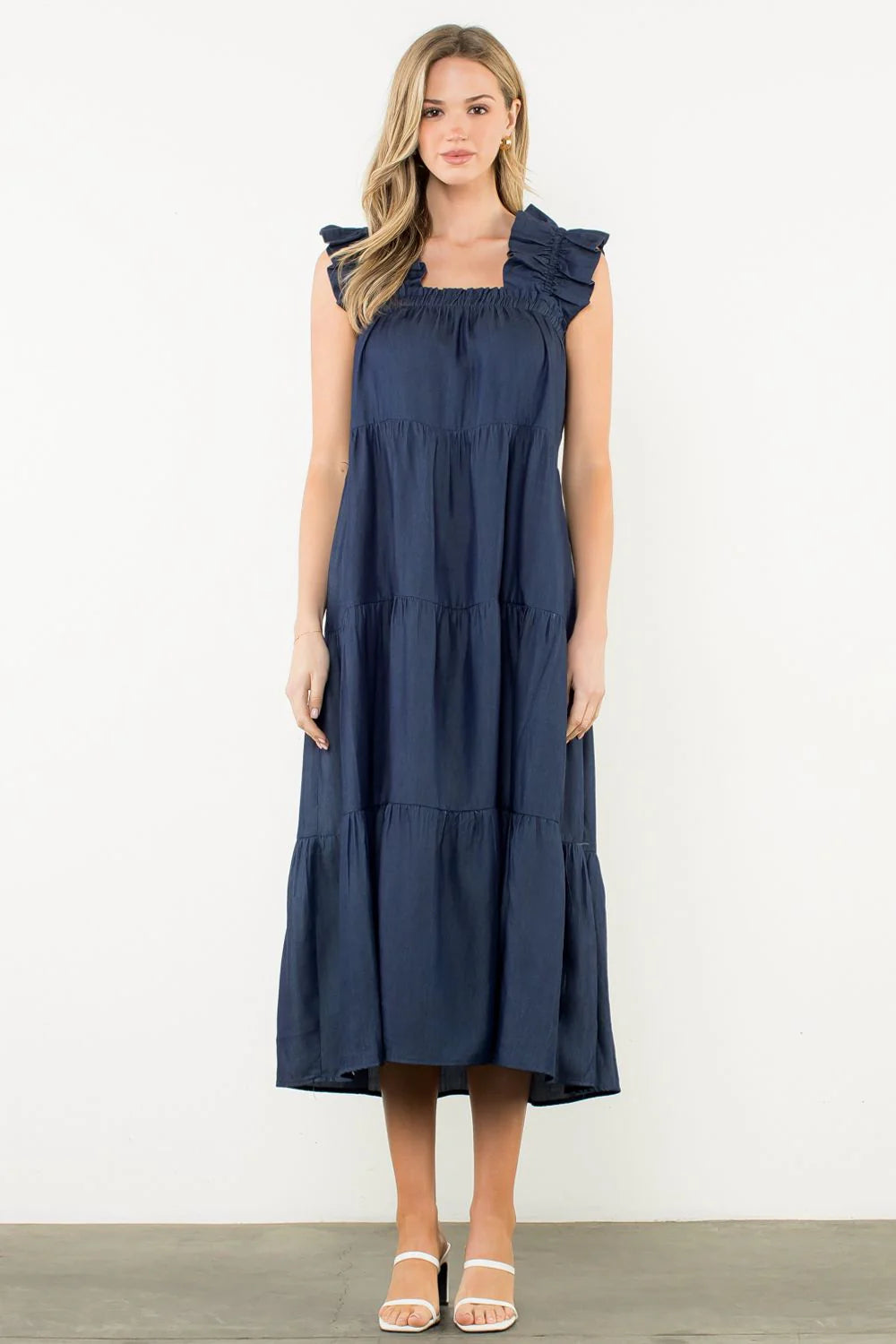 THML Flutter Sleeve Tiered Maxi Dress in Denim Blue