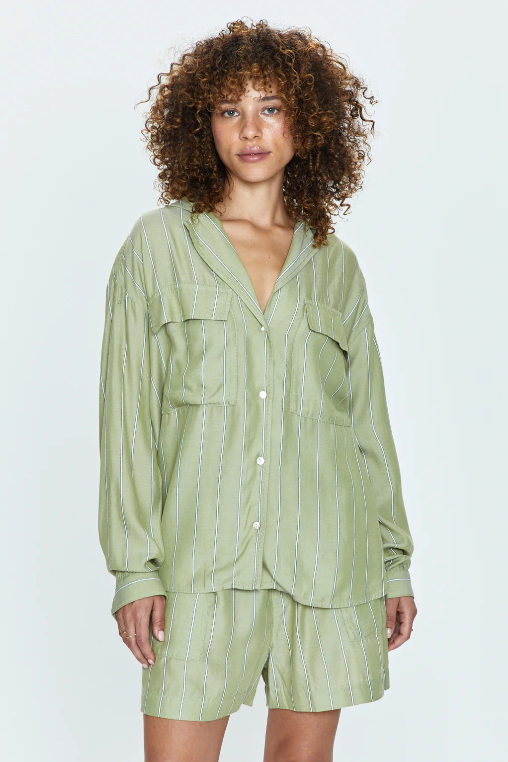 Pistola Irene Effortless Button Down Shirt in Sage Stripe - FINAL SALE