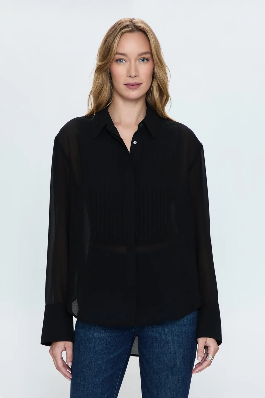 Pistola Charlotte Sheer Tuxedo Shirt in Noir - FINAL SALE