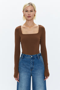 Pistola Jenny L/S Square Neck Thong Bodysuit in Saddle