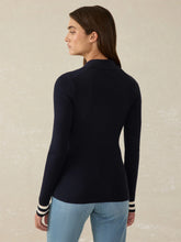 Load image into Gallery viewer, Faherty Shilo Stretch Cotton Cashmere Rib Polo in Navy Retro Stripe