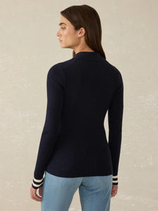 Faherty Shilo Stretch Cotton Cashmere Rib Polo in Navy Retro Stripe