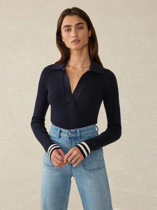 Faherty Shilo Stretch Cotton Cashmere Rib Polo in Navy Retro Stripe