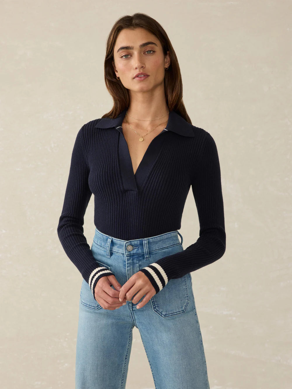 Faherty Shilo Stretch Cotton Cashmere Rib Polo in Navy Retro Stripe