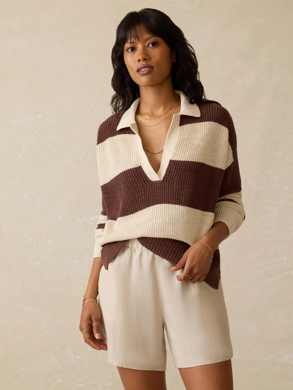 Faherty Miramar Linen Polo in Cocoa Rugby Stripe