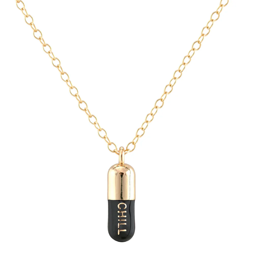 Kris Nations Chill Pill Enamel Necklace in Black / Gold Vermeil