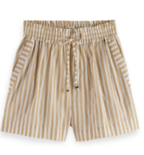 Scotch and Soda High Rise Lurex Stripe Printed Short in Desert Sand Stripe with Lurex
