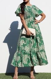 Dress Day Smocked Top Woven Midi Dress - Green / Taupe