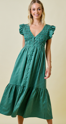 Day + Moon - Gingham Maxi Dress with Smocked Bodice and Tiered Hem in Green
