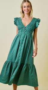 Day + Moon - Gingham Maxi Dress with Smocked Bodice and Tiered Hem in Green