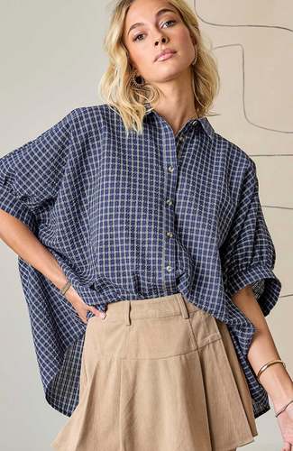 Day + Moon - Checkered Seersucker Button Down Oversized Shirt in Navy/Ivory