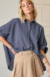 Day + Moon - Checkered Seersucker Button Down Oversized Shirt in Navy/Ivory