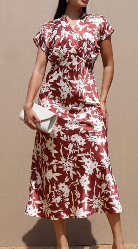 Dress Day Printed V Neck Satin Midi Dress