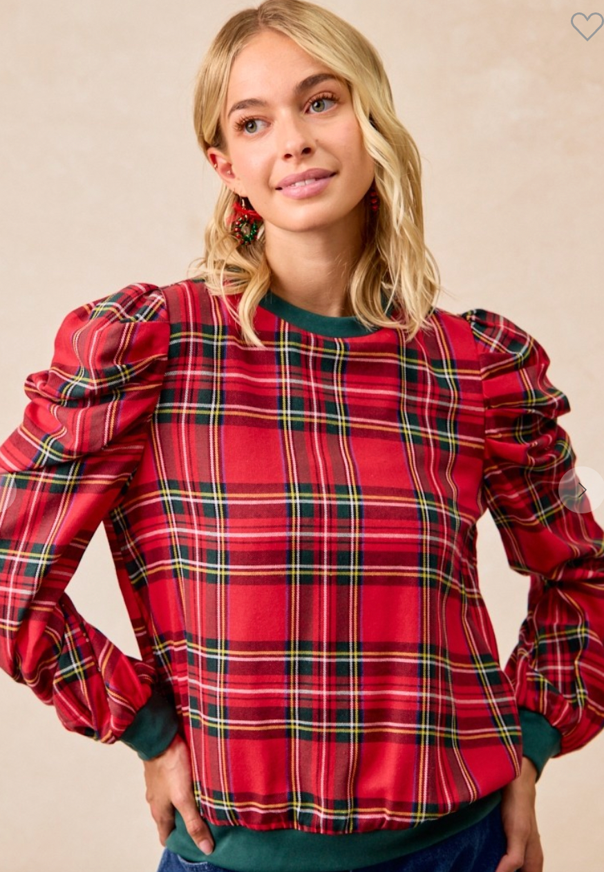 Bibi Christmas Plaid Exaggerated Shoulder Sleeves Top
