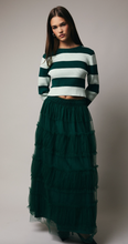 Load image into Gallery viewer, Sunday Edition Frilled Tiered Mesh A-Line Midi Skirt in Hunter Green