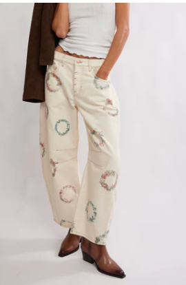 Free People Good Luck Printed / Watercolor Wreath Barrel Jeans
