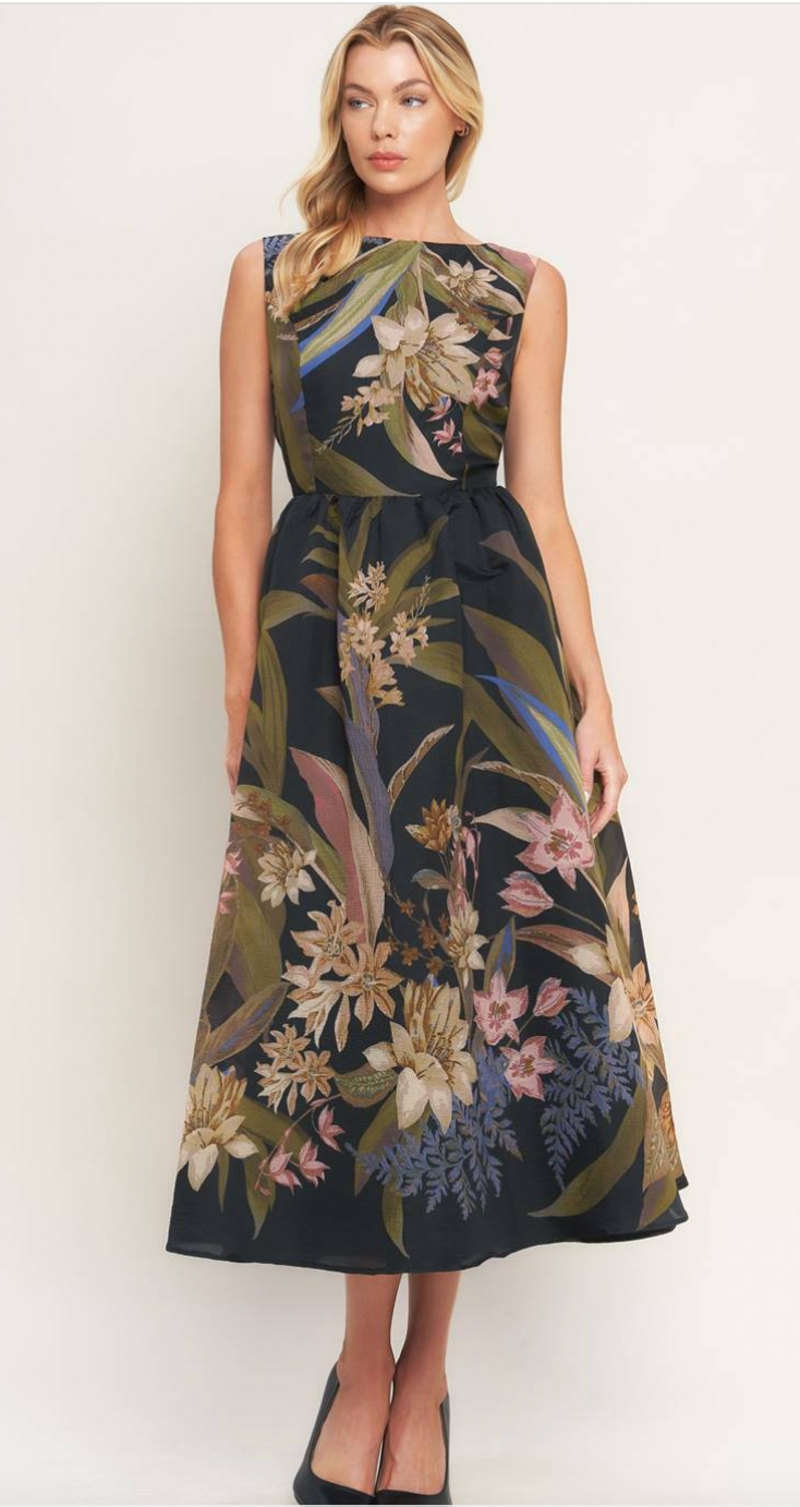 Flying Tomato Printed Woven Midi Dress in Black