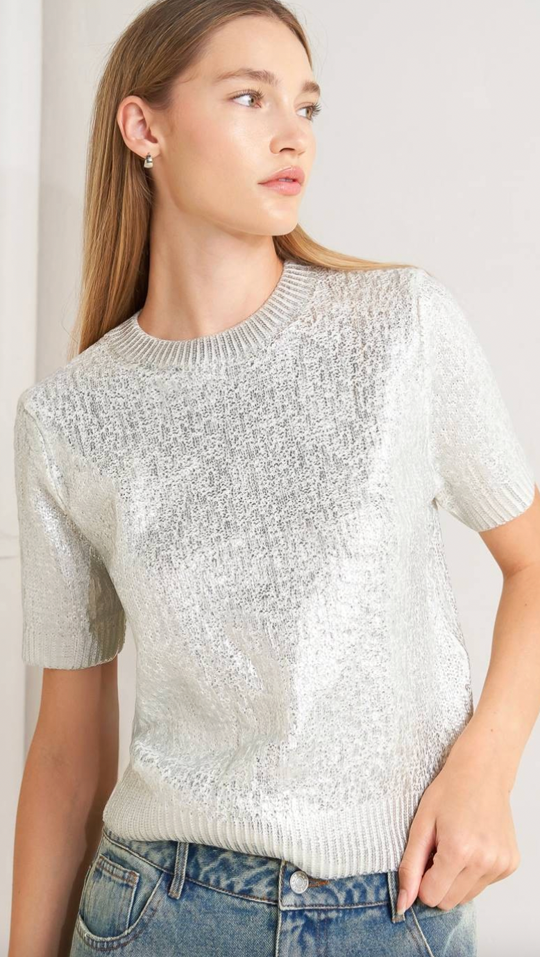 Free Market Foiled Sweater Knit Top in Silver