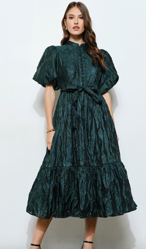 iNA Shimmer Floral Textured Puff Sleeve Midi Dress in Hunter Green