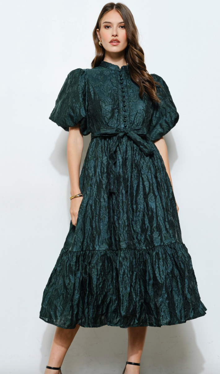iNA Shimmer Floral Textured Puff Sleeve Midi Dress in Hunter Green